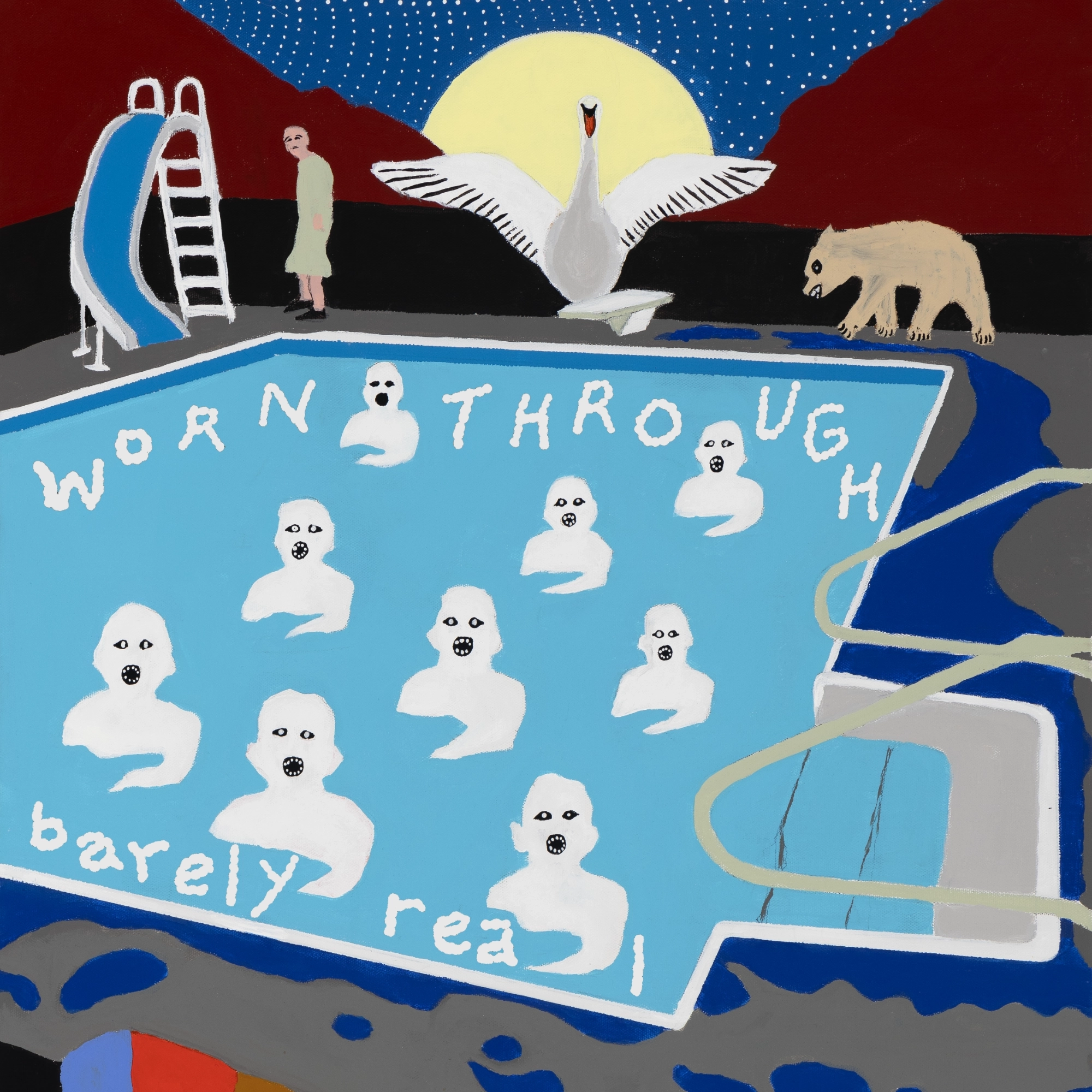 A swimming pool filled with ghosts under a full moon. A swan, a bear and man in a night down sit around the pool.